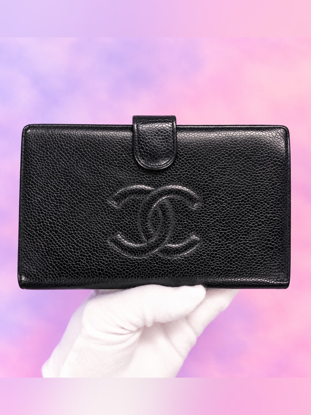 CHANEL Black Caviar Leather Long Wallet with Embossed CC